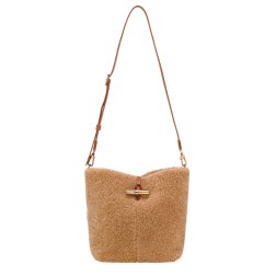 LONGCHAMP LE ROSEAU SHEARLING SAC BANDOULIÈRE CAMEL