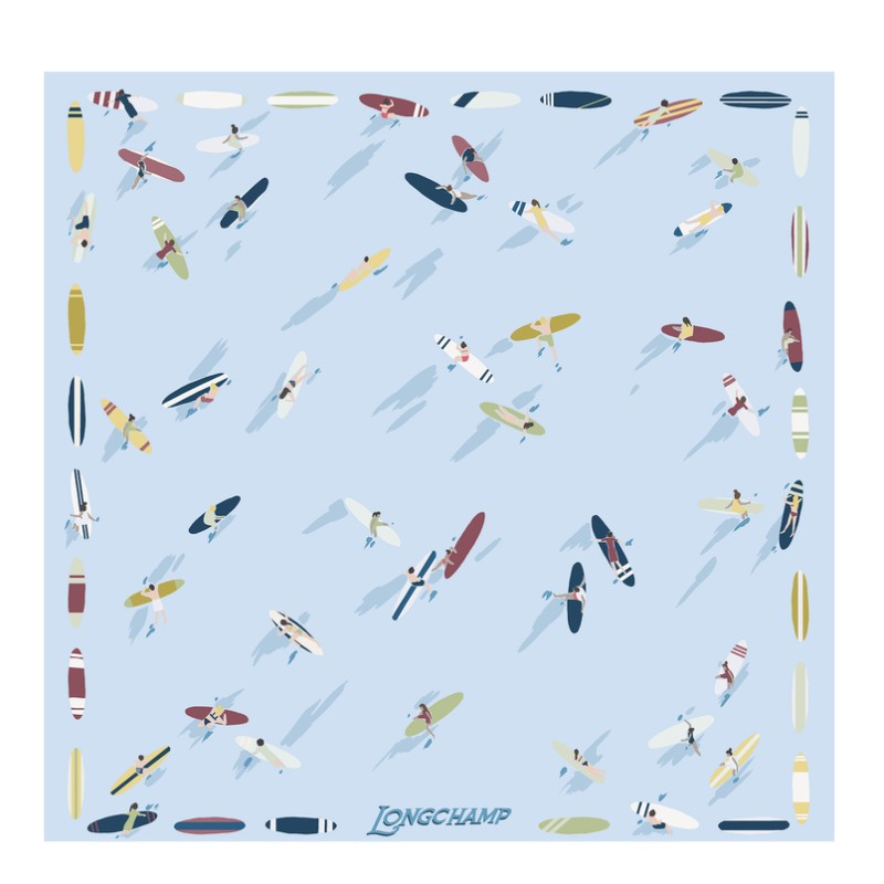 CARRÉ DE SOIE 50CM LONGCHAMP EN ATTENDANT LA VAGUE CIEL