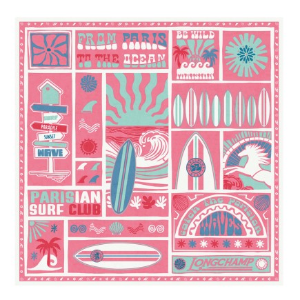 CARRÉ DE SOIE 90CM LONGCHAMP PARISIAN SURF CLUB CREVETTE