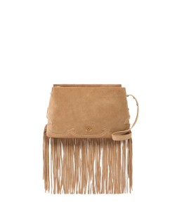 PETIT SAC À BANDOULIÈRE 3 COMPATIMENTS EN DAIN À FRANGES NATUREL PINKO