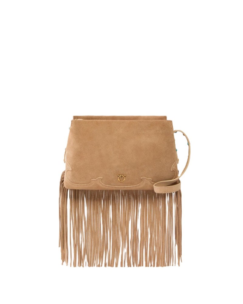 PETIT SAC À BANDOULIÈRE 3 COMPATIMENTS EN DAIN À FRANGES NATUREL PINKO