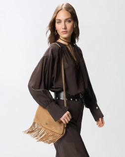 PETIT SAC À BANDOULIÈRE 3 COMPATIMENTS EN DAIN À FRANGES NATUREL PINKO