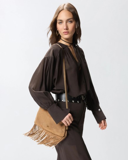 PETIT SAC À BANDOULIÈRE 3 COMPATIMENTS EN DAIN À FRANGES NATUREL PINKO
