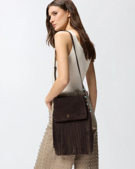 PETIT SAC À BANDOULIÈRE 3 COMPATIMENTS EN DAIN À FRANGES CHOCOLAT PINKO