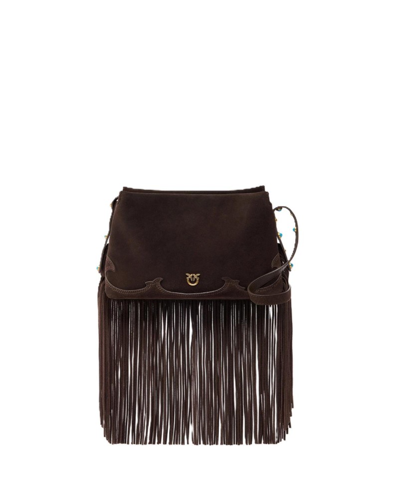 PETIT SAC À BANDOULIÈRE 3 COMPATIMENTS EN DAIN À FRANGES CHOCOLAT PINKO
